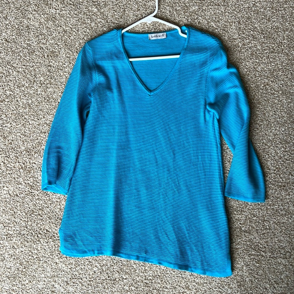 Kettlewell Turquoise Blue 3/4 Length Sleeve Ribbed Sweater